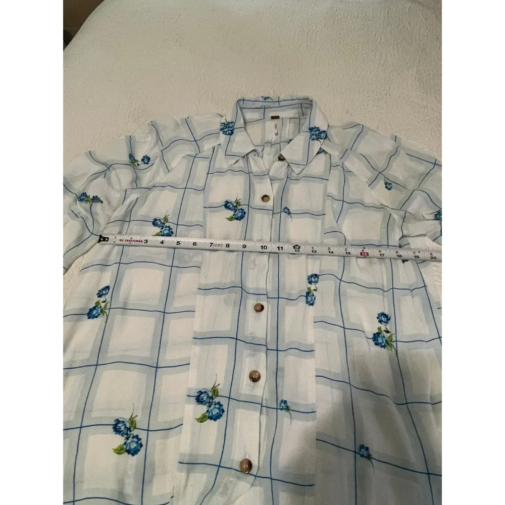 Free People Blue Floral Plaid Button Down Blouse Viscose Long Sleeve Top Large